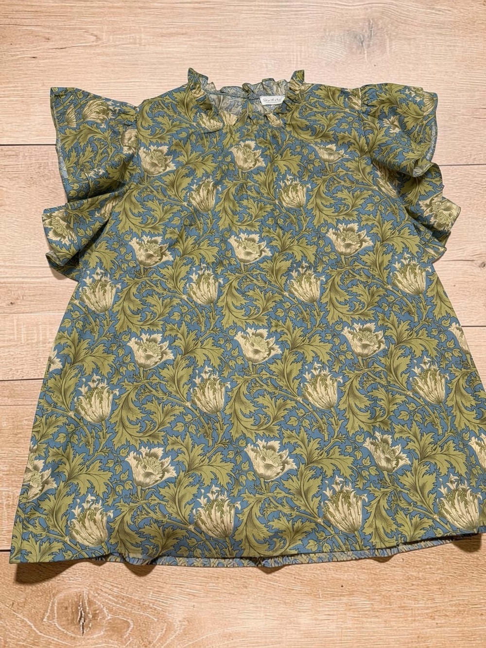 Floral Ruffle Sleeve Blouse in Blue and Olive